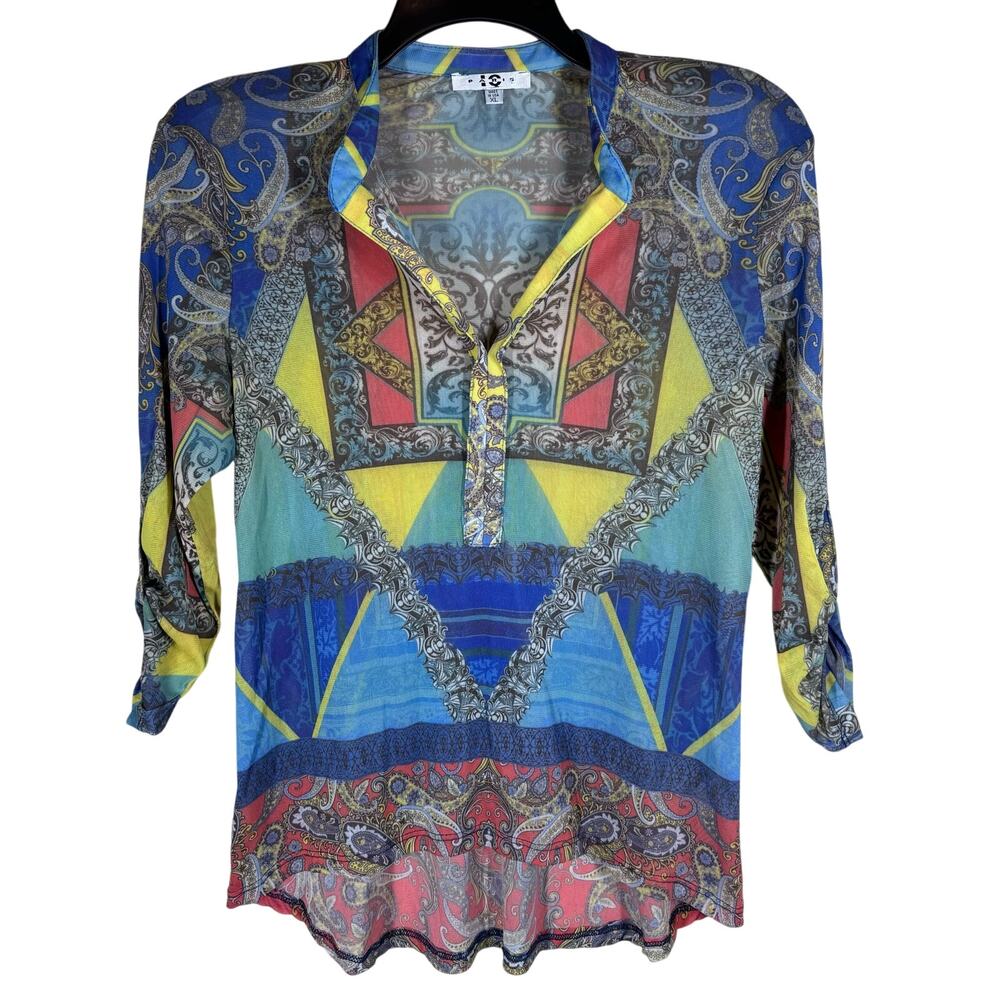 IQ Paris Graphic Print Multicolor Eclectic Sheer Top Womens XL Boho Indie Artsy‎